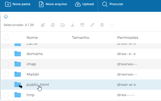 Pasta public_html no Gerenciador de Arquivos
